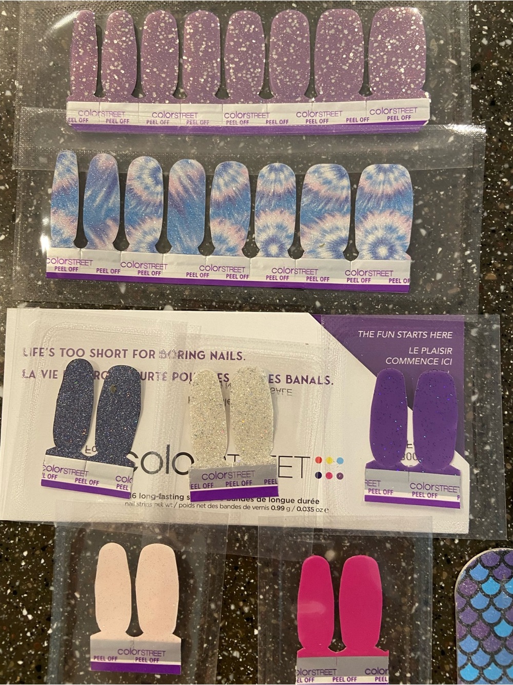 2 sets Color Street Glitter & Tie-Dye Peel-Off Nail Strips - Purple, Blue, Pink